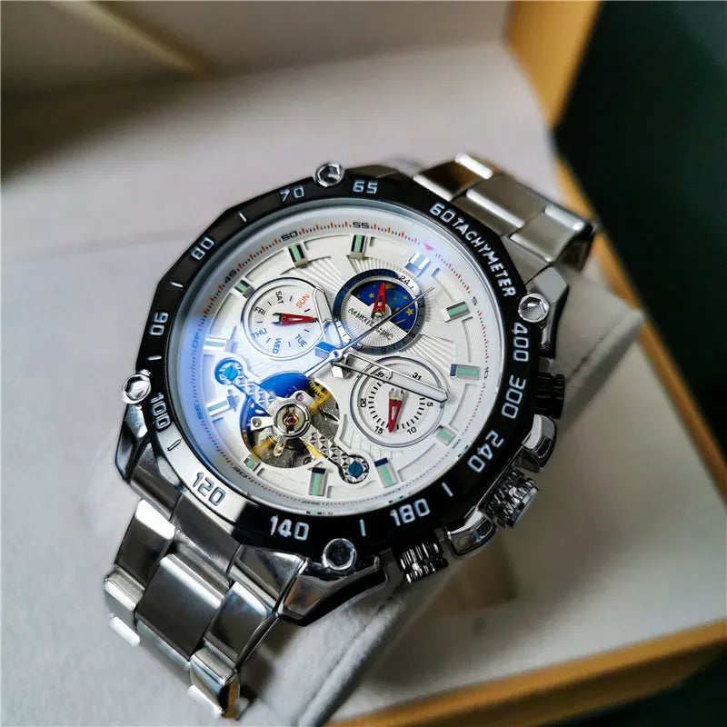 Men's automatic mechanical watch with a slim 12mm case shown in multiple colour variants.
