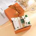 Gold green square watch and four matching bracelets jewellery set with 25mm dial