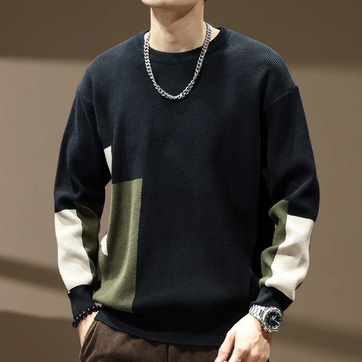Men's black high sense colour contrast patchwork loose-fitting oversized polyester sweater with long sleeves