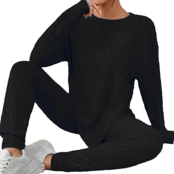 Women's black sunken stripe polyester two-piece homewear set with pants and regular sleeve top