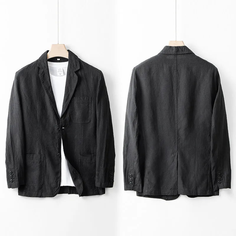 A man's casual linen suit jacket in a solid colour, shown with long sleeves and a loose fit.