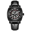 Men's automatic watch with stainless steel case and blue leather strap showing time on dial