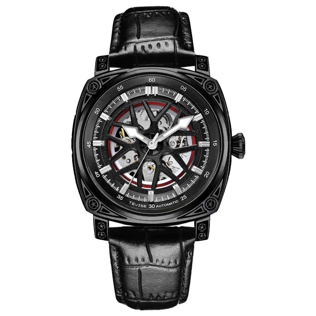 Men's automatic watch with stainless steel case and blue leather strap showing time on dial