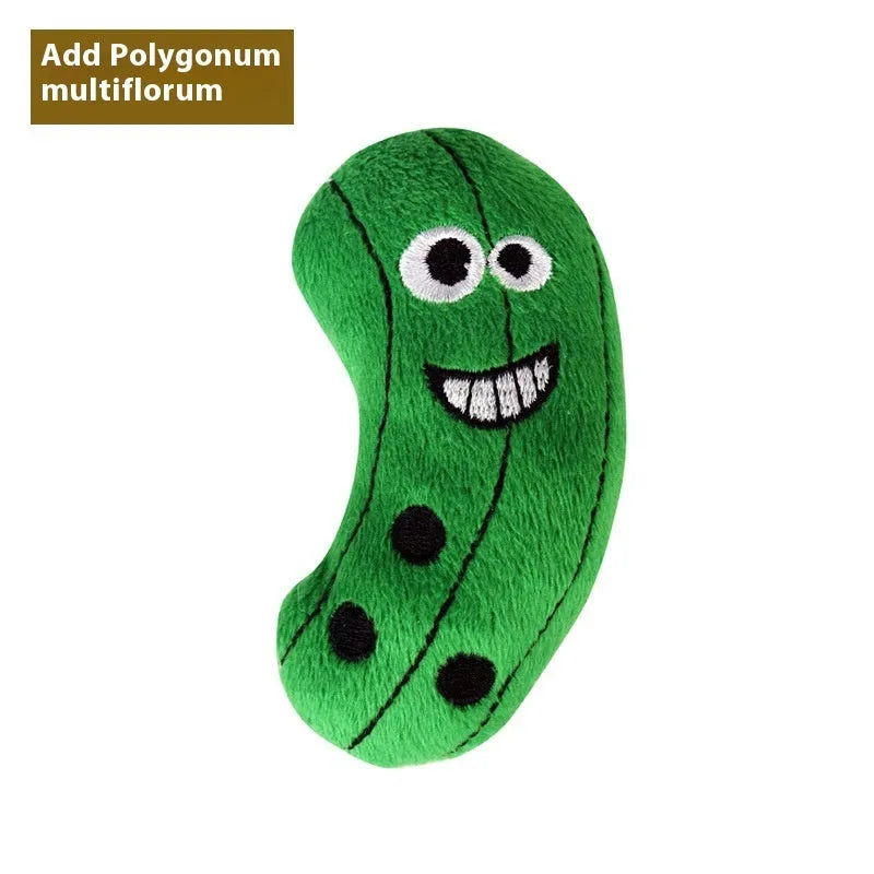 Six food-shaped catnip plush toys: burrito, cone, cucumber, mushroom, pineapple, and pizza designs