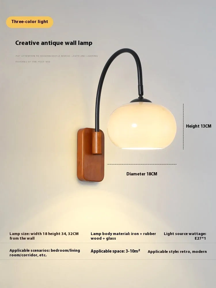 Creative retro glass wall LED lamp with milky white glass shade and walnut iron frame mounted on wall
