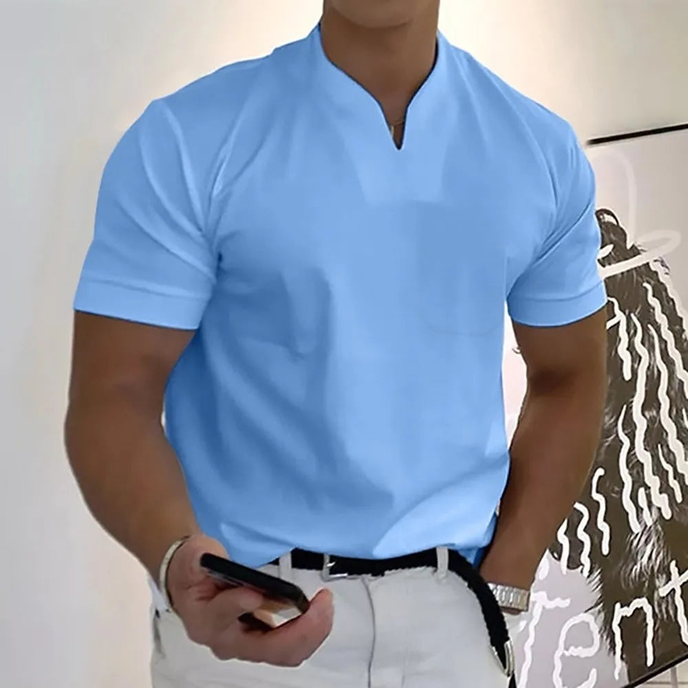 Summer short sleeve shirt for men in plus size with pocket, loose fit stand collar, plain pattern, acetate fibre blend