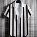 Men's linen blend short sleeve t-shirt with a colourful 3D striped print, shown in a solid colour.