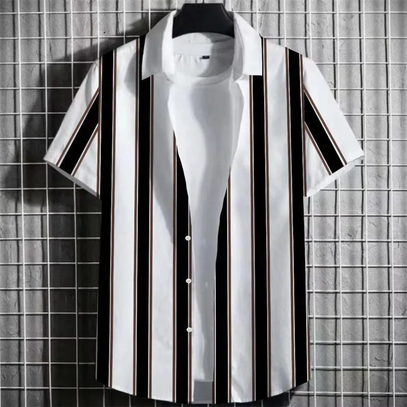 Men's linen blend short sleeve t-shirt with a colourful 3D striped print, shown in a solid colour.