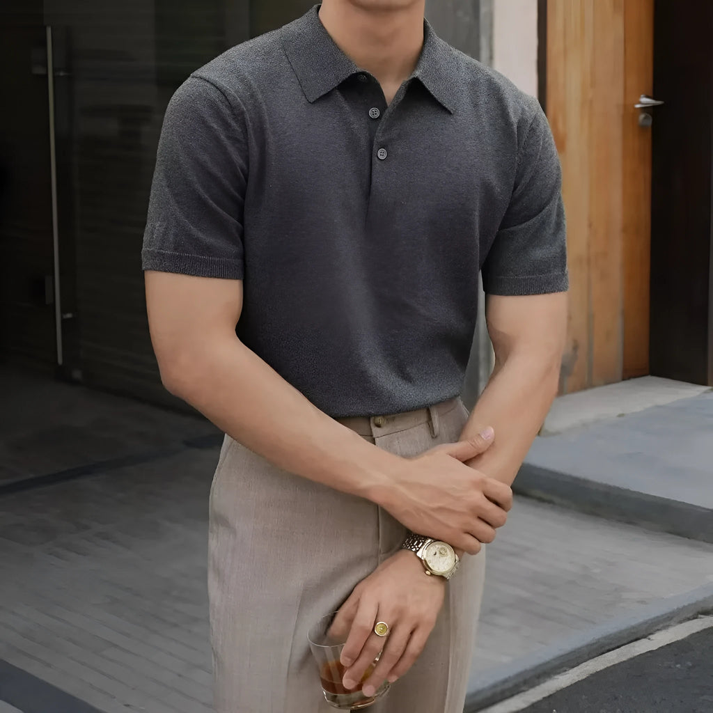 Men's short sleeve polo shirt in cotton ice silk fabric, shown in a choice of colours.
