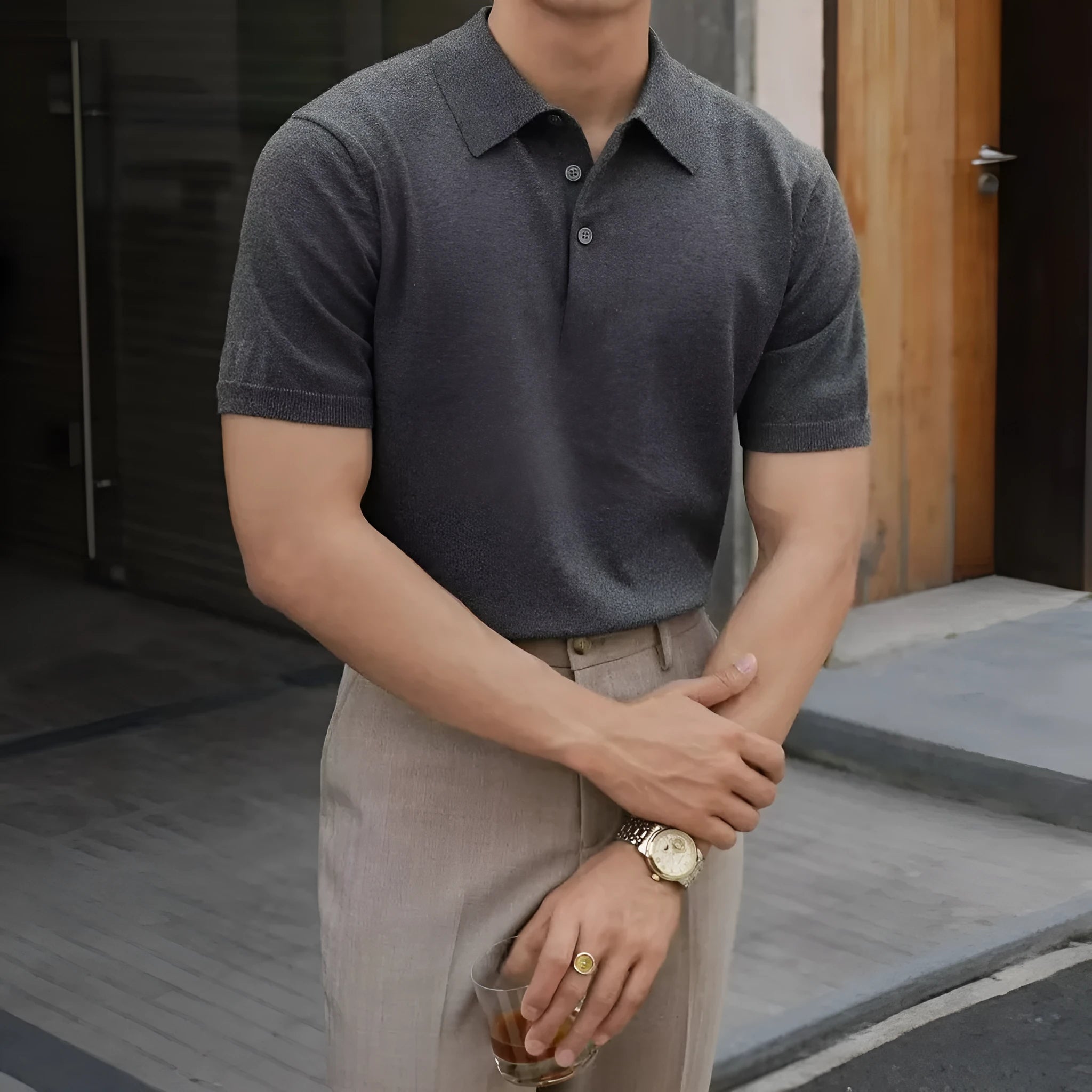 Men's short sleeve polo shirt in cotton ice silk fabric, shown in a choice of colours.