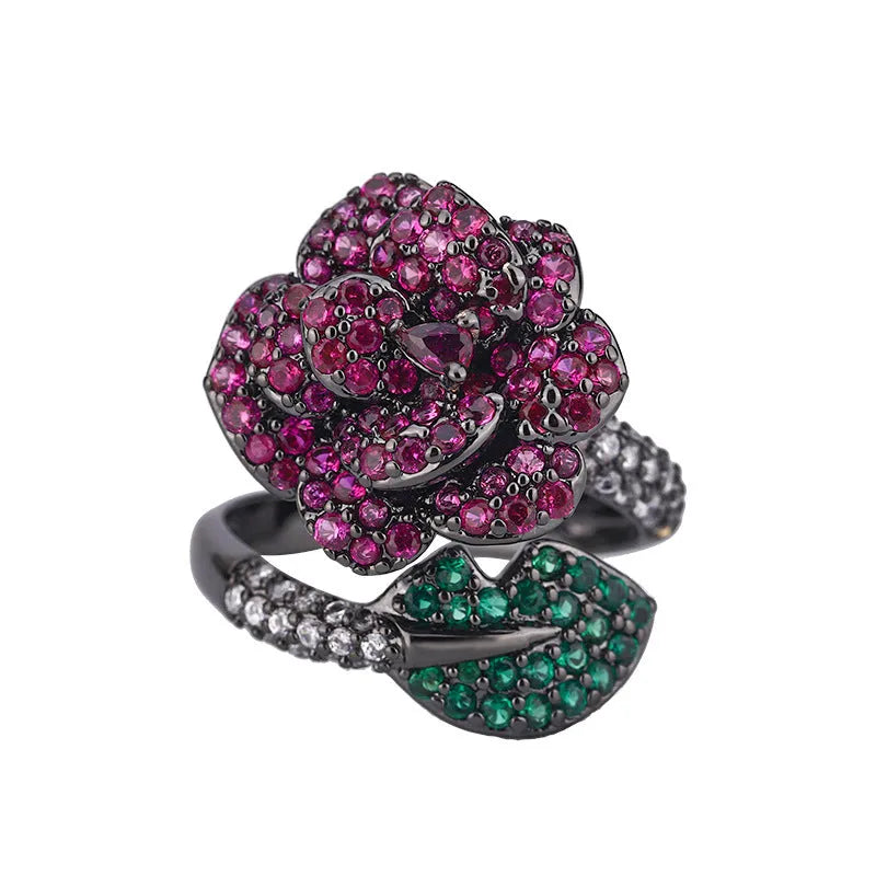 Geometric black gold ring with red corundum stone for women, gold-plated copper construction