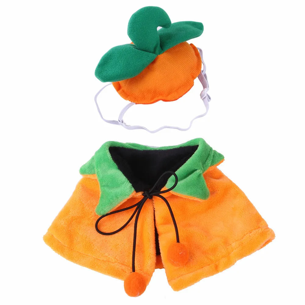 Orange plush pumpkin costume cloak for a dog or cat on a mannequin, showing double-sided design.