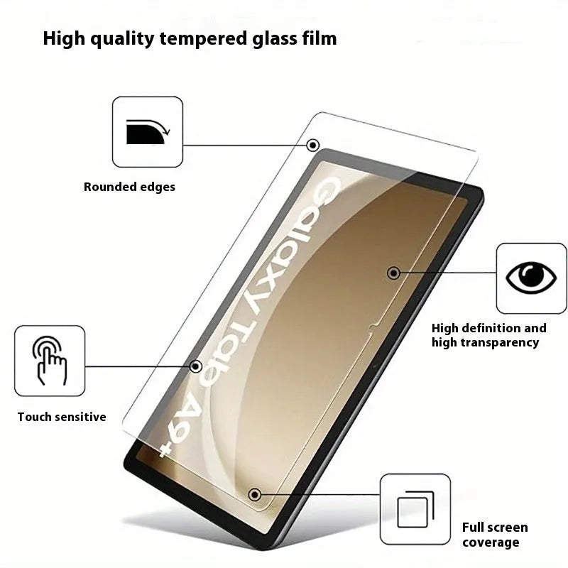 Tempered glass screen protector for Samsung tablet displayed next to a cattle leather pouch.