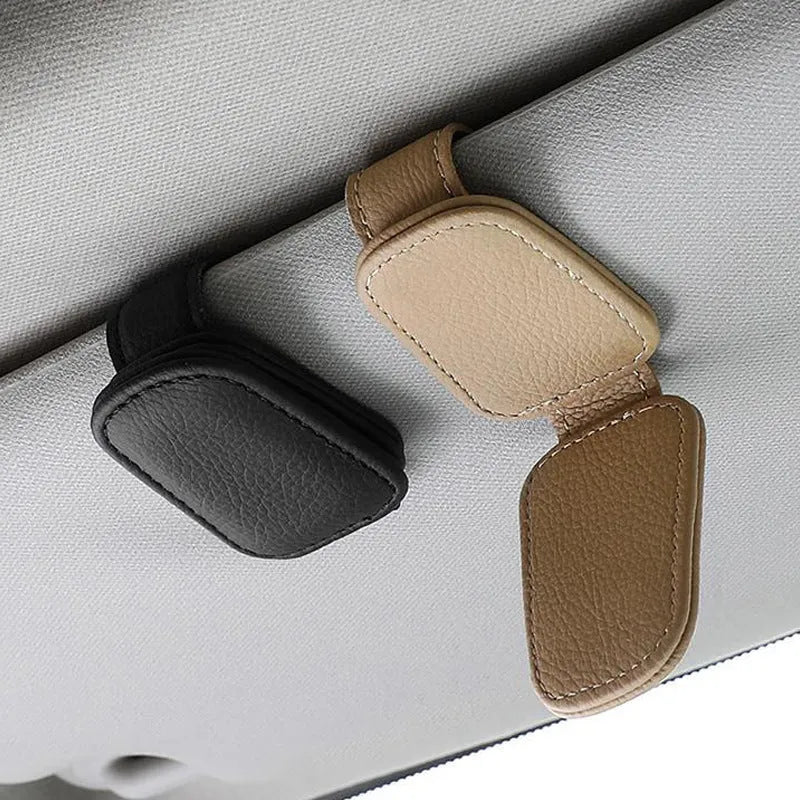 PU leather car sunglasses holder clipped to sun visor in beige colour