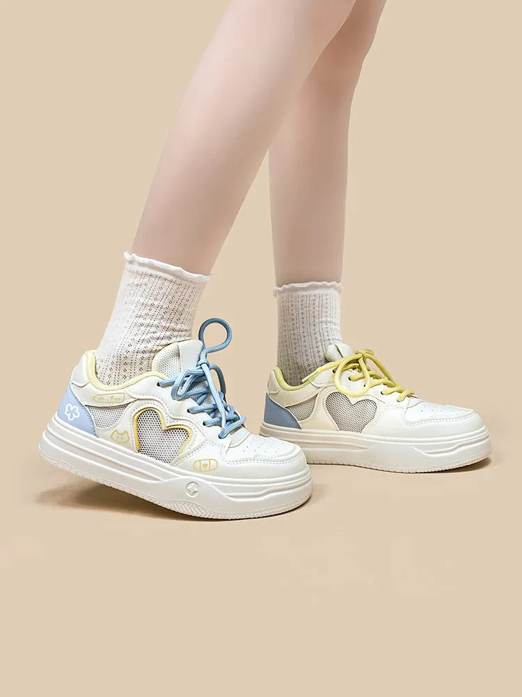 Meow Rabbit Sea Salt Cheese coloured mesh casual sneakers with thick rubber sole and lace-up closure.