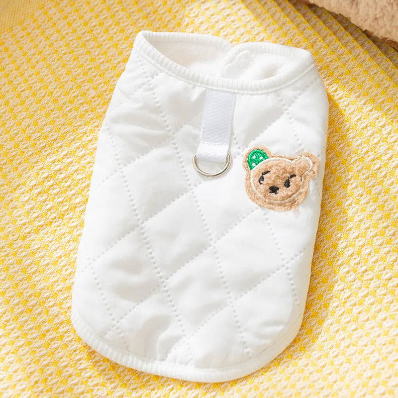 Quilted pet vest for small dogs with bear patch embroidery, cream and beige colours