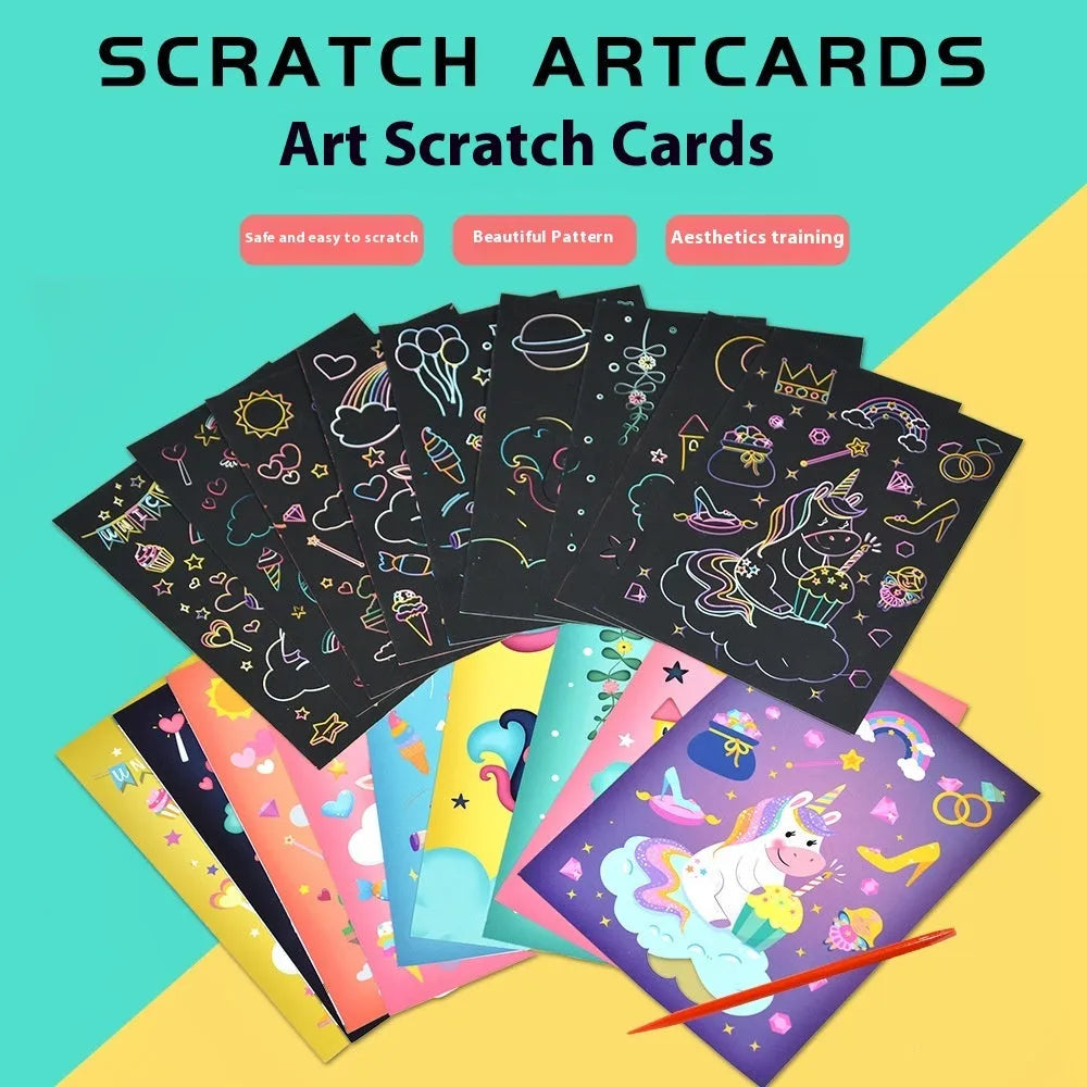 DIY graffiti scraping painting paper kit with scratch tool, showing colourful animal theme artwork revealed on black paper