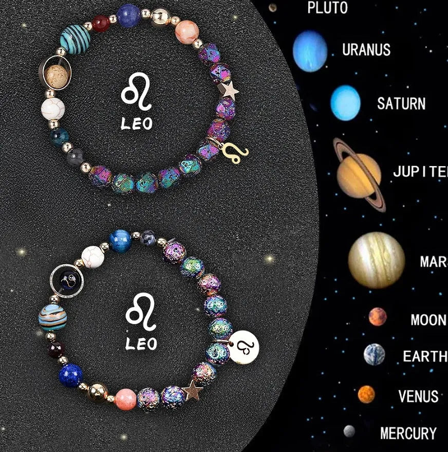 Two identical natural stone beaded bracelets showing a zodiac sign design on a neutral background.