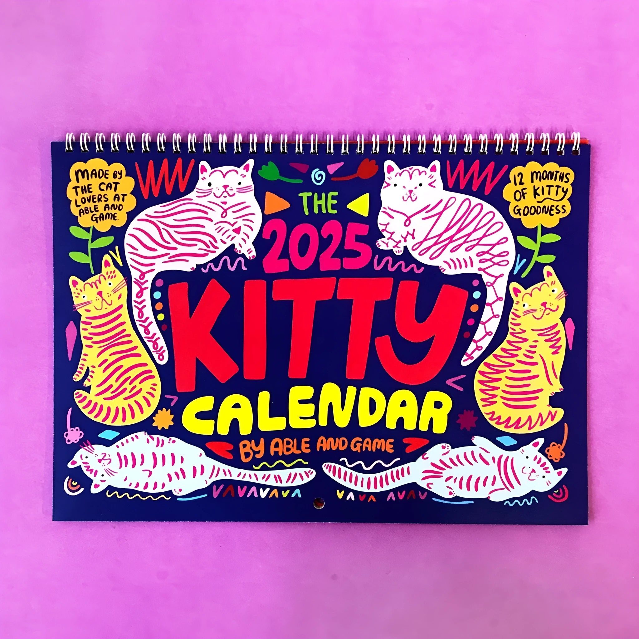A4 paper wall calendar with cat-themed artwork for monthly planning, available for 2024 or 2025.