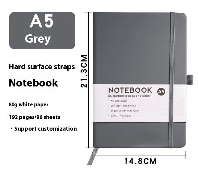 A5 office diary with hand skin feeling PU leather cover and strap closure, open to show horizontal line pages.