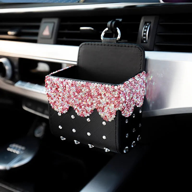 Diamond-studded car decoration ornament made of leather and Czech rhinestones, 110x110mm, with storage bag