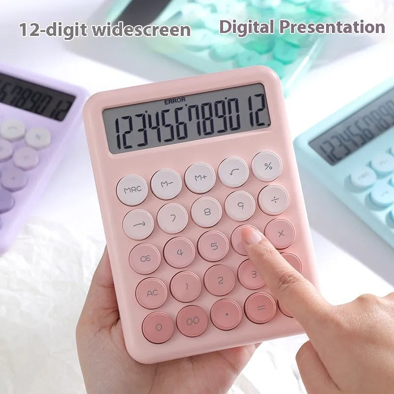 Desktop calculator with gradient colour options: violet, cherry blossom powder, glacier blue, and mint green.