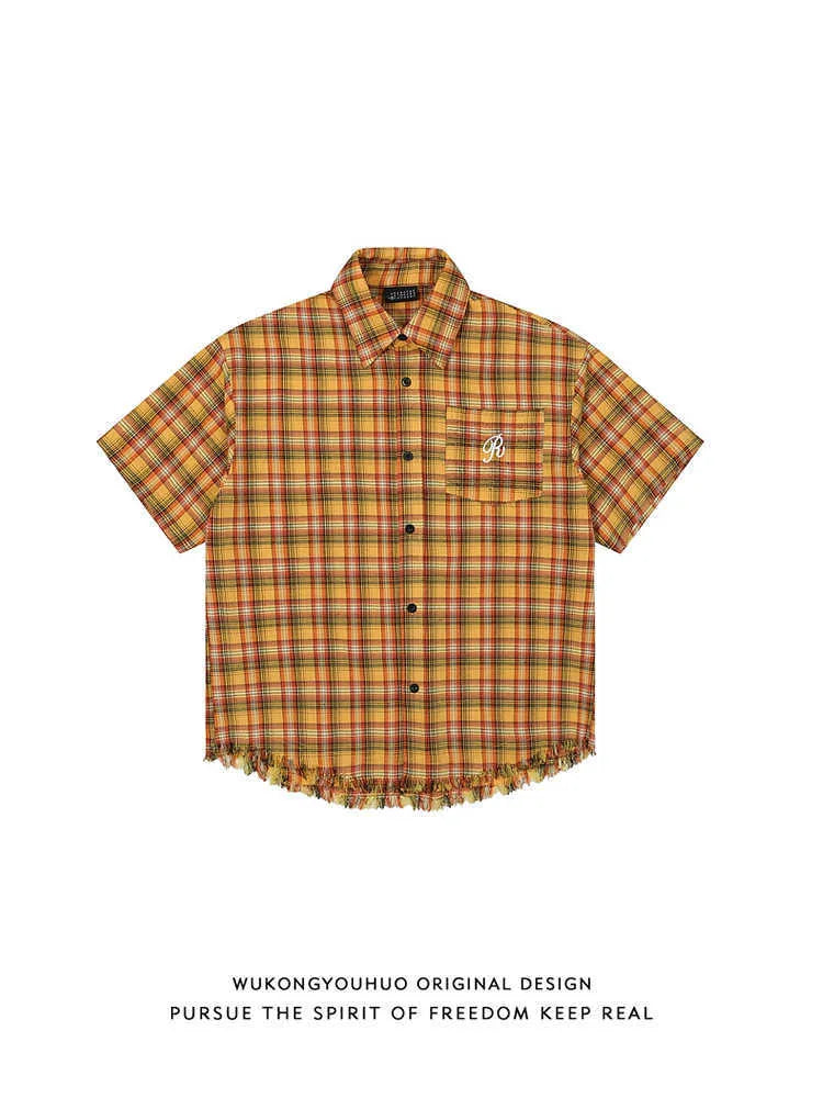 Yellow plaid loose fit short sleeve button-up shirt for men and women