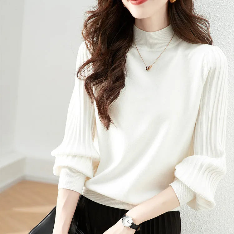 Slim fitting half turtleneck pullover shirt in a sunken stripe design, shown in apricot colour