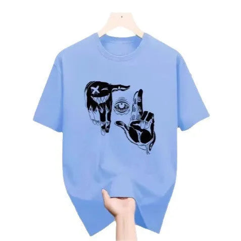 Men's grey cartoon print short sleeve t-shirt made from breathable mesh fabric