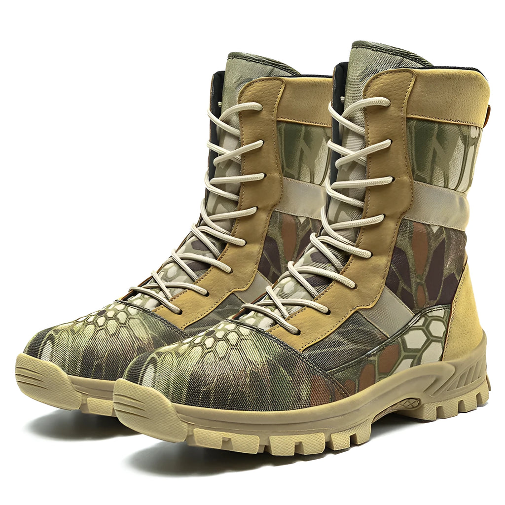 Men's black and camouflage mesh high-top combat boots showing totem detailing and sports styling