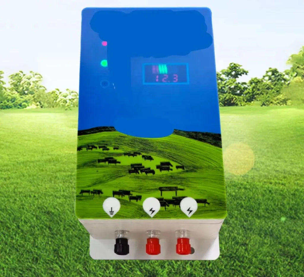 Pasture electric fence energiser host unit with solar panel and alarm components for livestock security