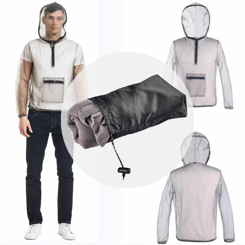 Gray mesh insect bite jacket for camping, fishing and hiking, available in sizes XL, XXL and XXXL