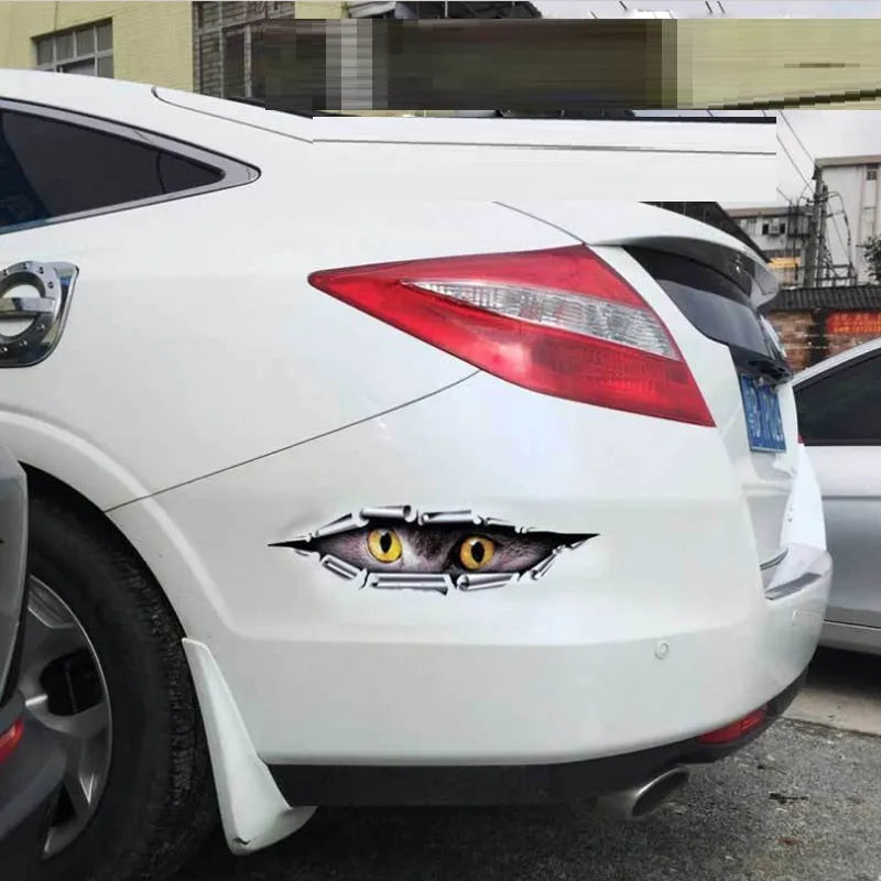 3D tiger eye car door sticker on vehicle showing transparent PVC adhesive and 10x35cm dimensions