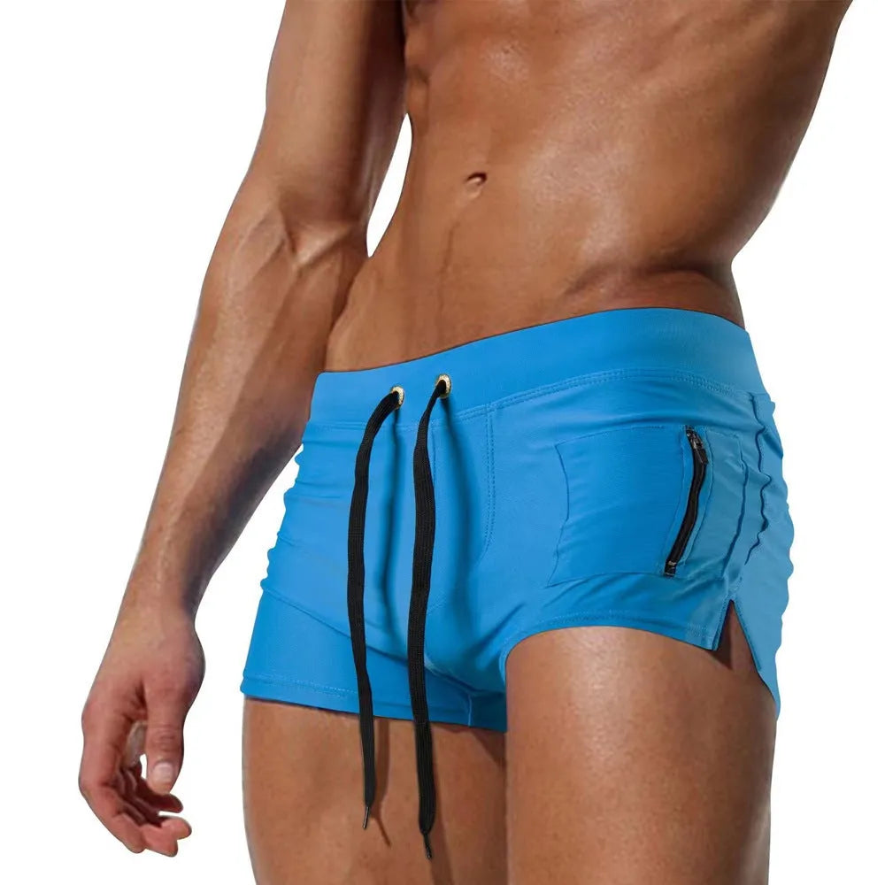 Men's black high waist swimming trunks with lace-up front closure and spandex lining