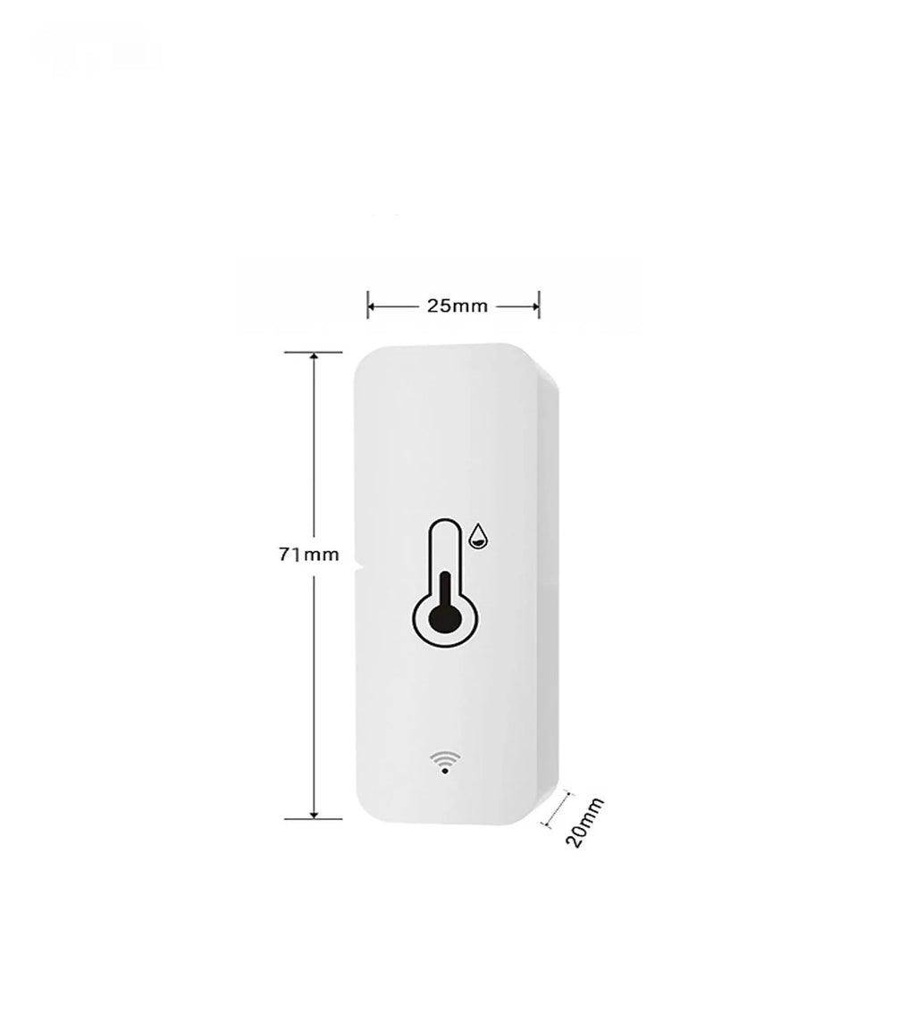 White WiFi Zigbee temperature and humidity sensor with ABS plastic housing measuring 72x25x20mm
