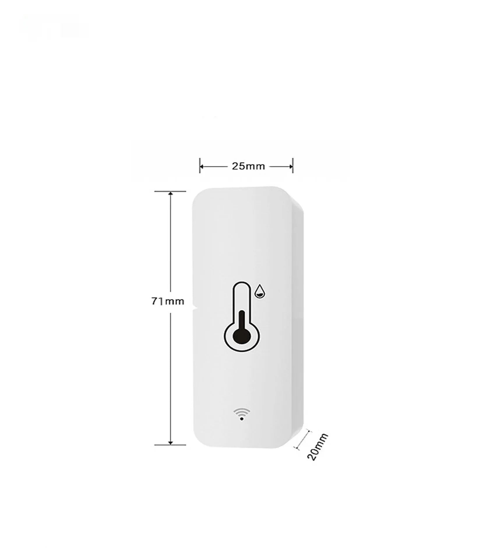 White WiFi Zigbee temperature and humidity sensor with ABS plastic housing measuring 72x25x20mm