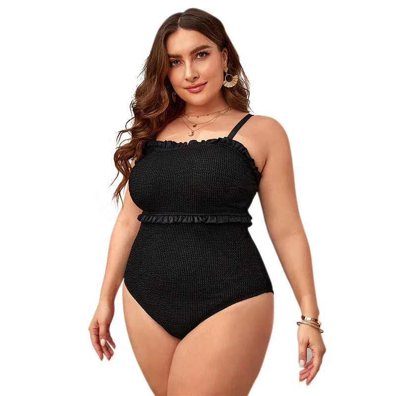 Black plus size women's bikini swimsuit with double shoulder straps and belly cover