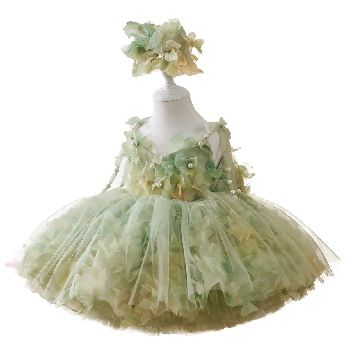 Girls' FARCENT princess dress in green champagne contrast colour, polyester lined, sizes 80cm to 160cm