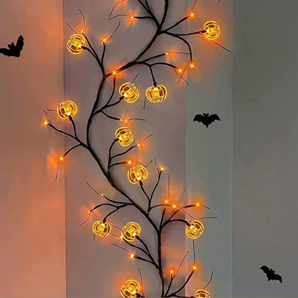 Halloween LED willow vine string light with 100 cartoon bat and pumpkin rattan lanterns on a 2-metre vine for indoor outdoor decor