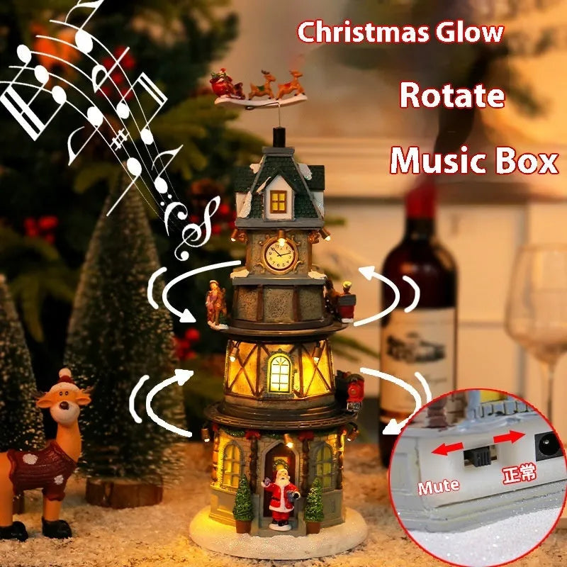 Christmas resin rotating music box decoration, bell tower design, 32cm high, battery operated ornament