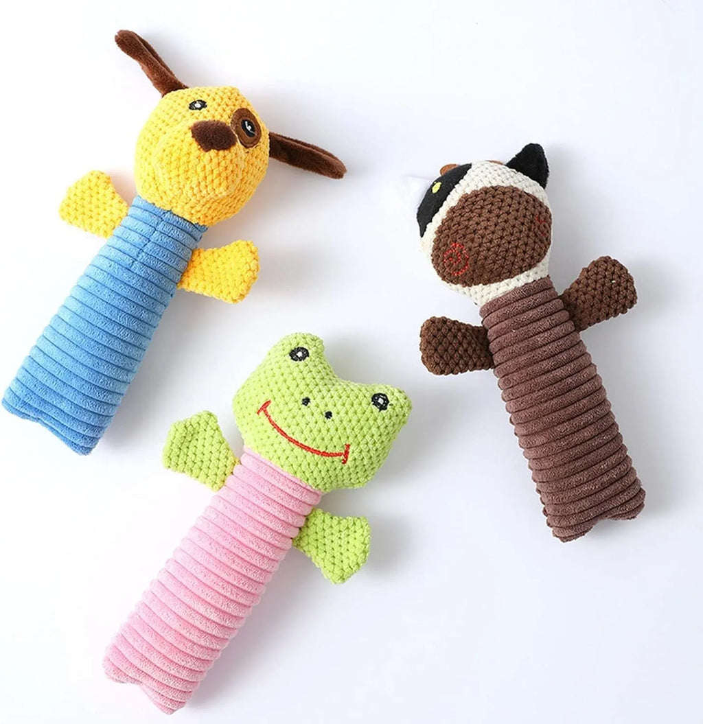 Squeaky plush dog chew toy in animal shapes for dental cleaning, size 19cm by 5cm