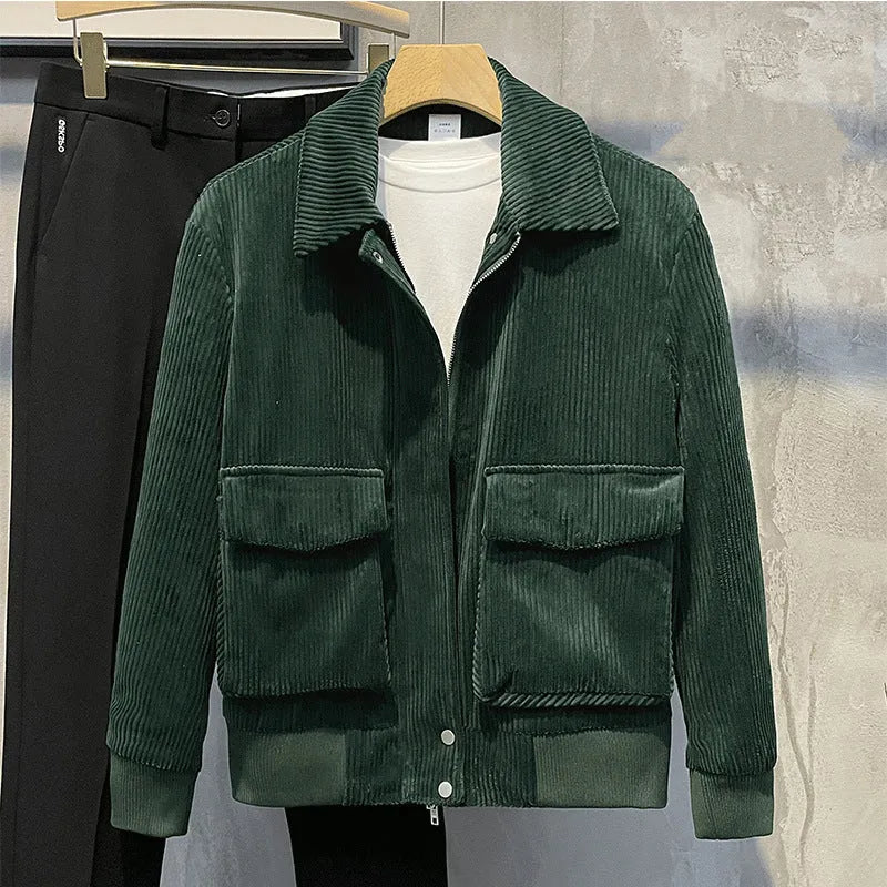 Men's corduroy coat in loose fit with drawstring sleeves, available in green, black, apricot or blue, sizes M to 3XL
