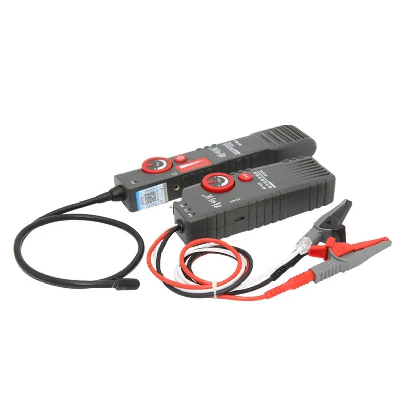 Line finder buried wire cable tester with transmitter and receiver, 50x200mm, on a workbench