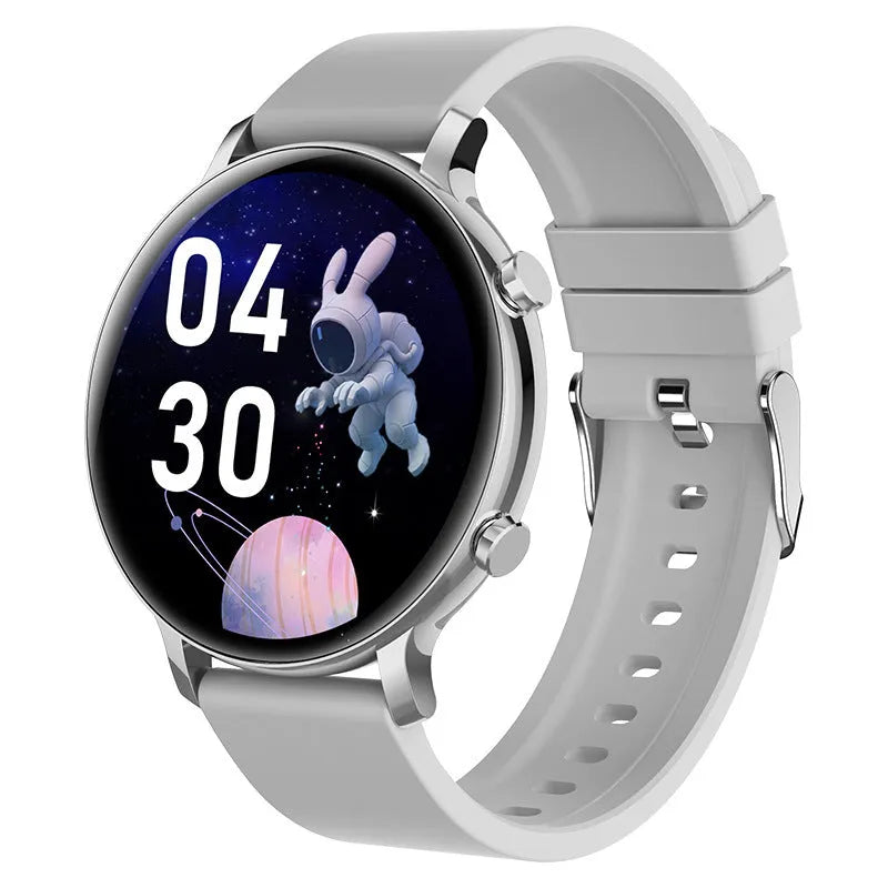 Black Bluetooth smartwatch with stainless steel strap showing call screen and health metrics