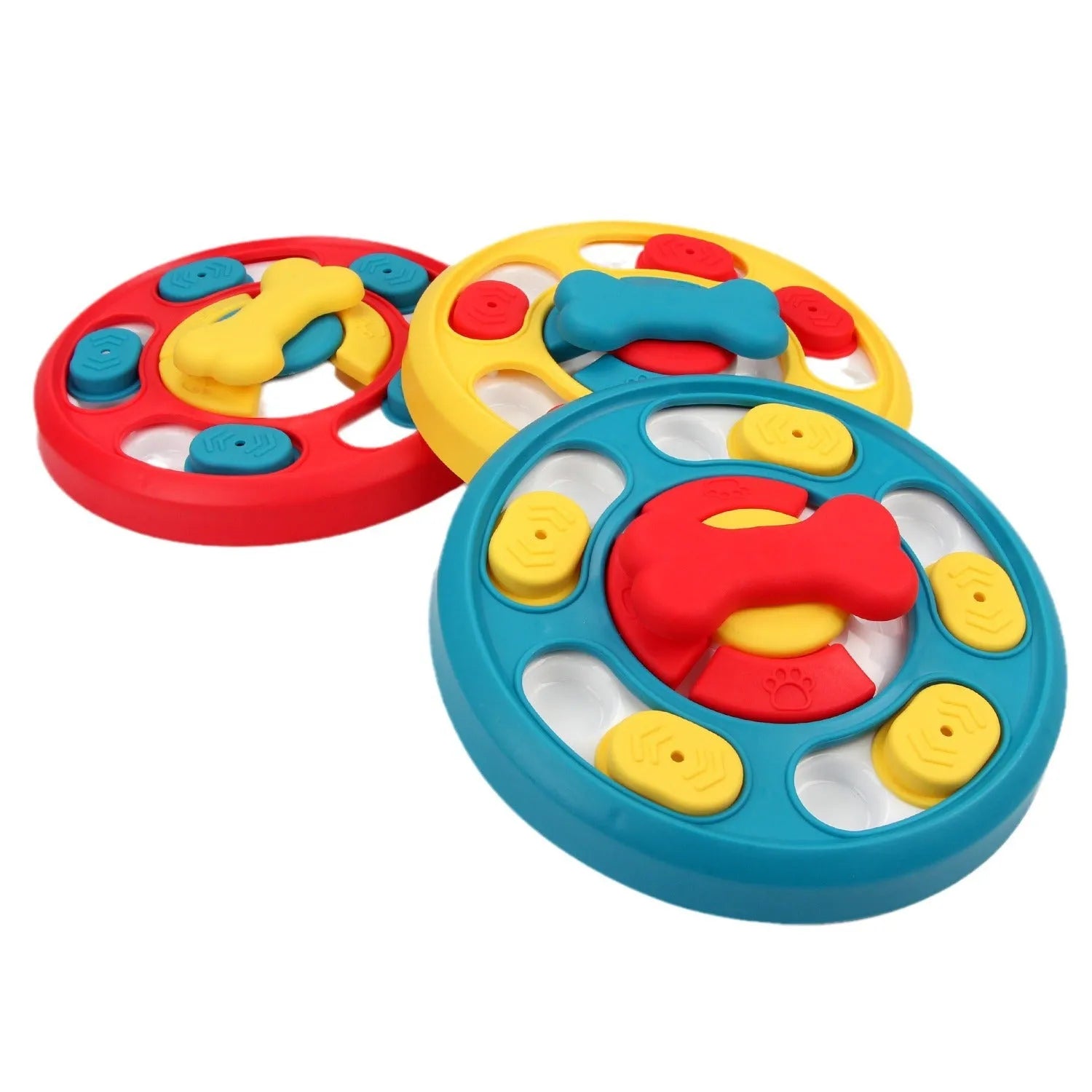 Leak-proof plastic dog feeding puzzle spinner toy in blue on a light background