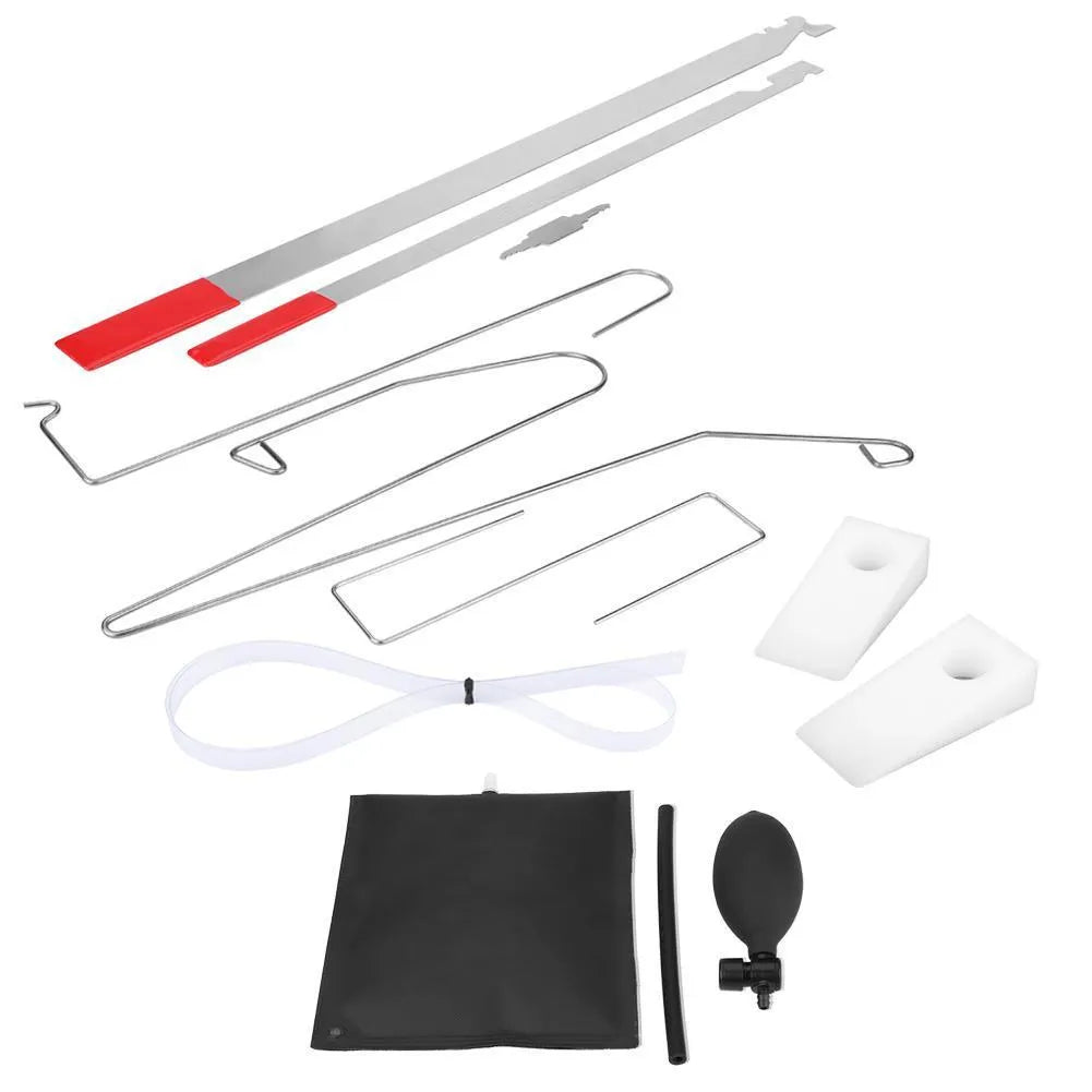 9-piece automotive maintenance tool set with air pump wedge, plastic wedges, hooks, and crowbars