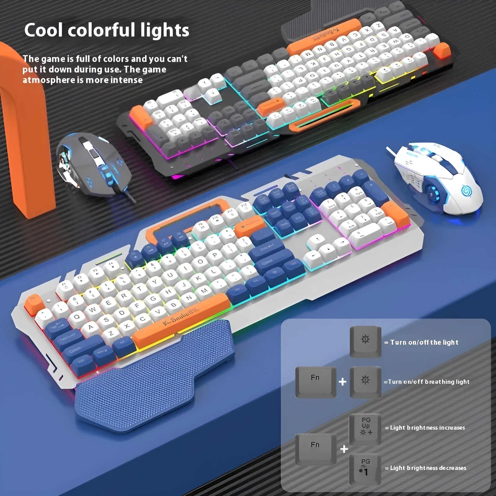 Blue and grey gaming keyboard and mouse set with colourful backlight illumination