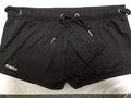 Men's solid colour lace nylon low waist boxer swimming trunks on a white background.