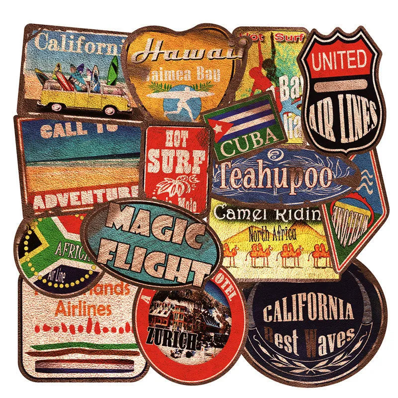 36 piece retro beach sticker set with surf and travel designs measuring 6-10cm on PVC with matte film