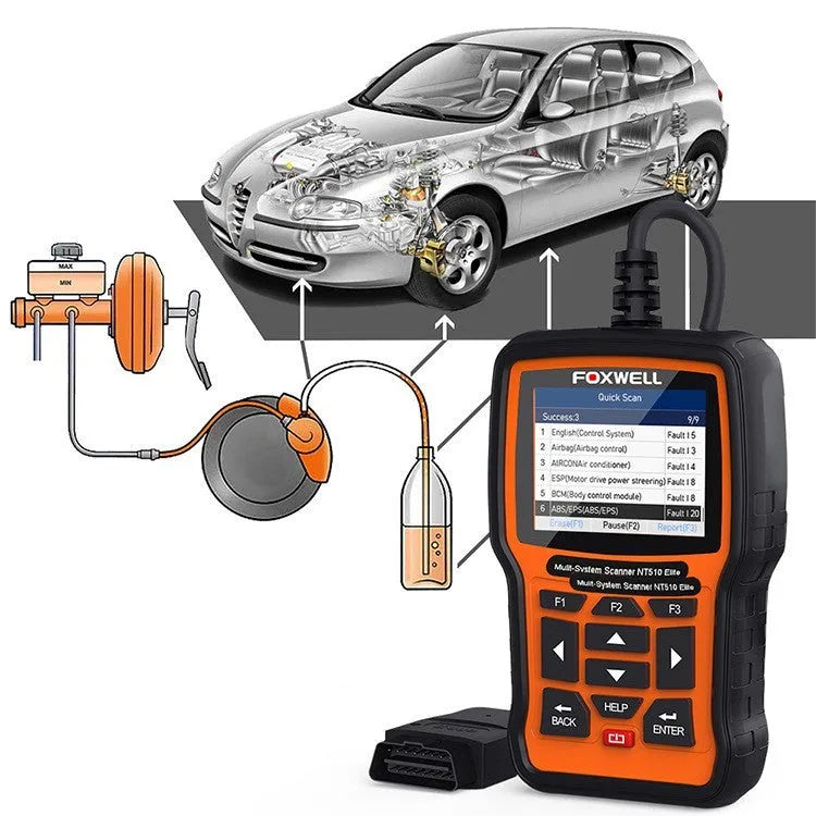 Foxwell NT510 orange and black automotive diagnostic tool with OBD2 scanner and system reset functions